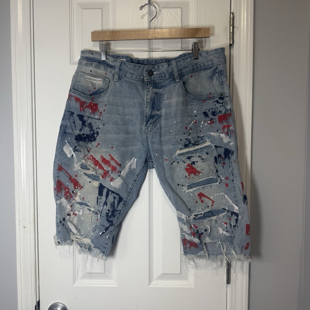 Smoke Rise Jorts Jean Shorts Men 36 Paint Splatter Distressed Streetwear Y2K